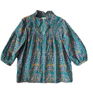 Fitzroy & Willa Floral Peasant Top Womens XL Boho Colorful Long Balloon Sleeves